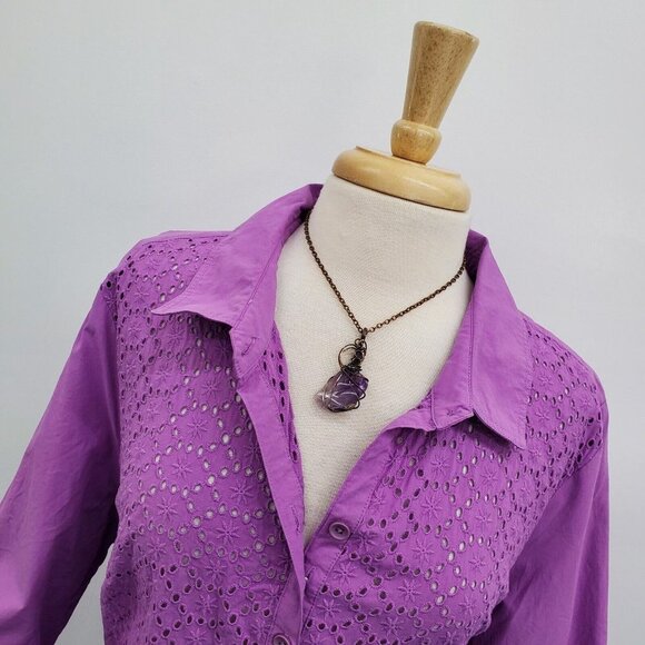 Catherines Womens Purple Eyelet Button Up Shirt Top Plus Size 1X Roll Tab Sleeve - Picture 5 of 14